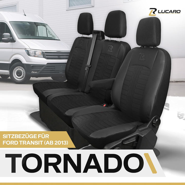 LUCARO Sitzbezüge Auto Tornado für Ford Transit 2013 und später - Sitzbezug Set 1+2 - Schwarz - Auto