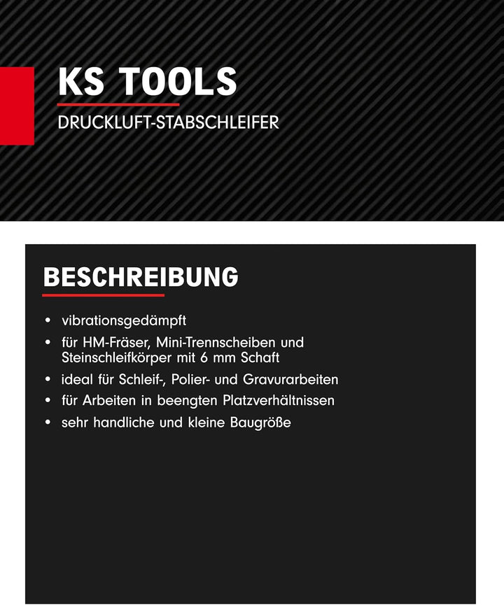 KS Tools Stabschleifer Druckluft 515.5410 6mm I Geradschleifer mit Drehzahl-Regulierung I Für HM-Frä