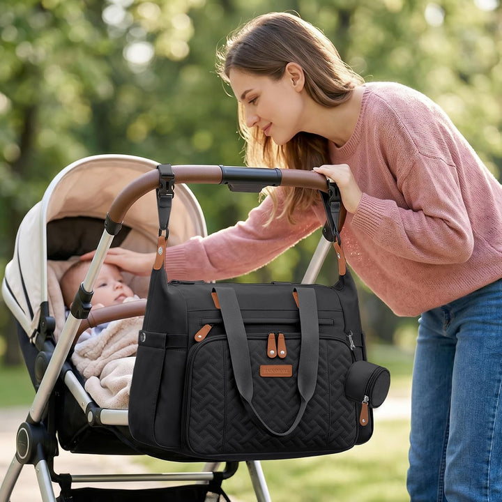RAINSMORE Wickeltasche Kinderwagen mit Wickelunterlage und Schnullertasche Schwarz, Schwarz