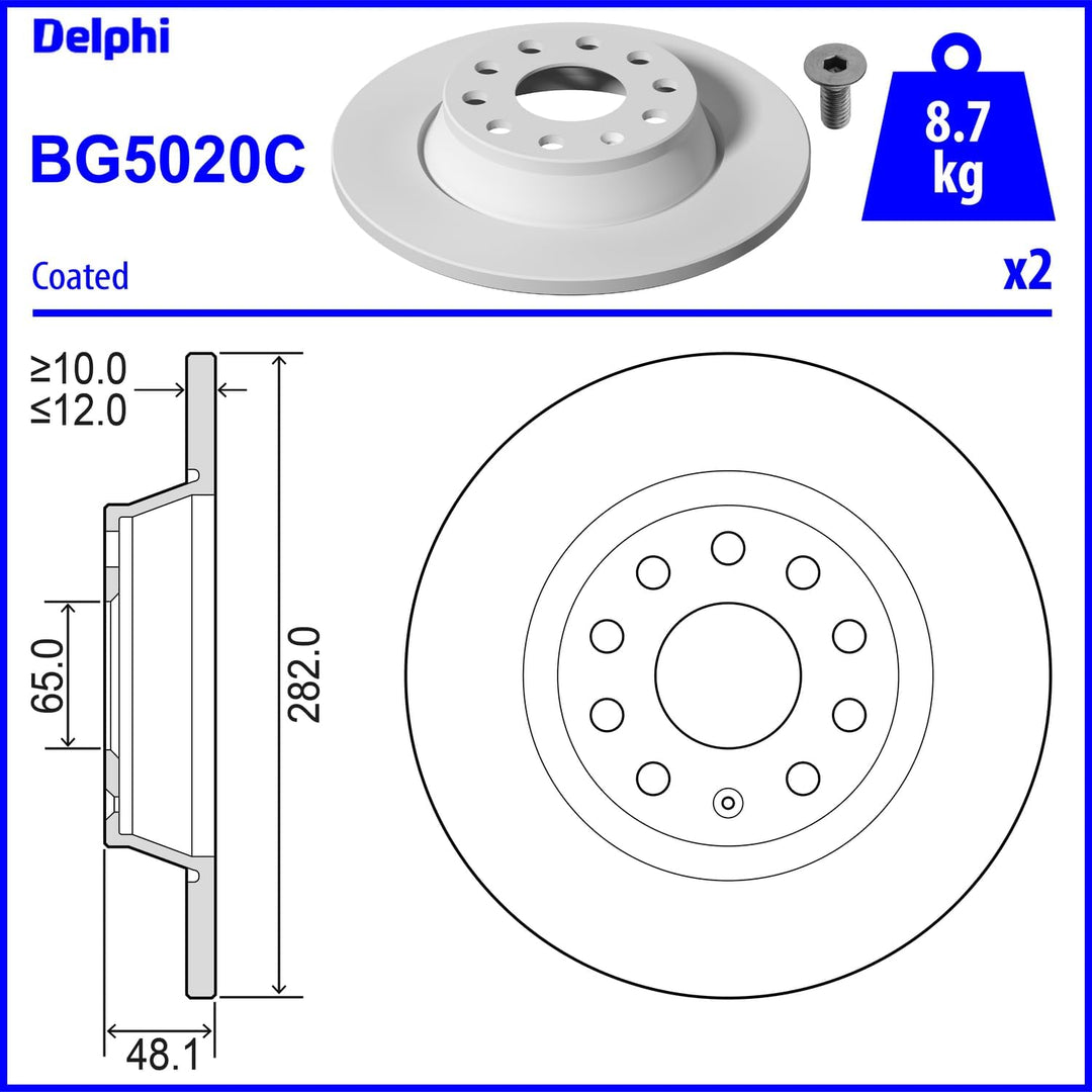 Bremsscheiben Komplett, voll DELPHI BG5020C, Hinten, 2 Stück