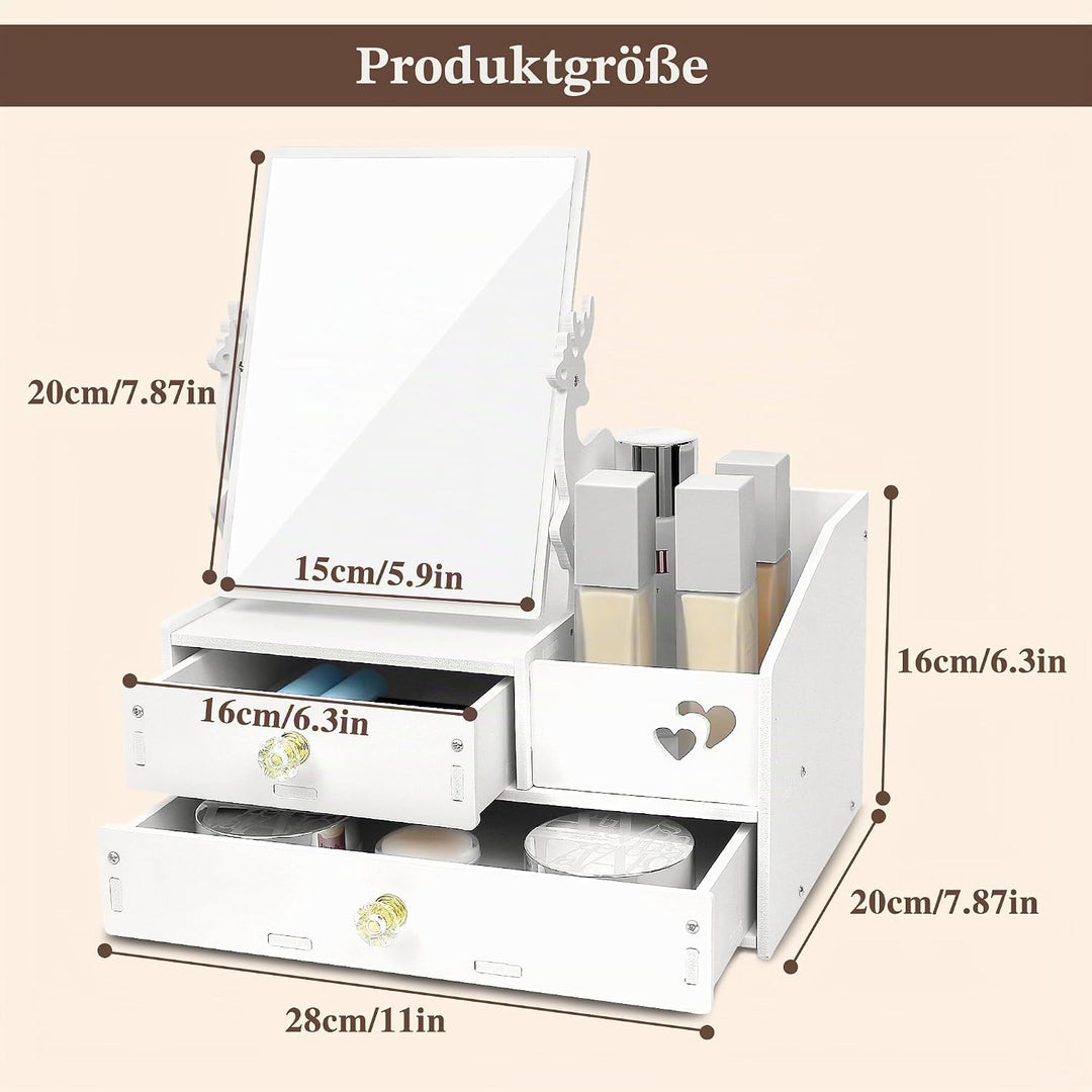 LEcylankEr Schminktisch Organizer mit 360° Spiegel und Schublade, Kosmetik Organizer aus PVC Weiss,