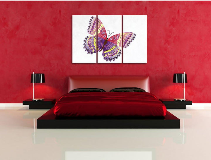 Pixxprint Hübscher Pinker Schmetterling weiss 3-Teiler Leinwandbild 120x80 Bild auf Leinwand