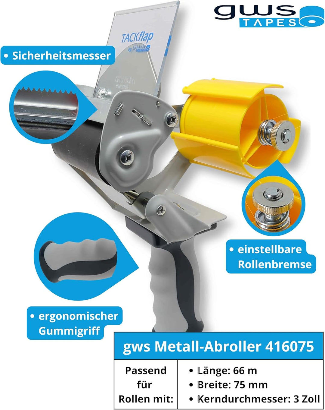 gws Packband Handabroller Professioneller Klebebandabroller mit stabilem Metallrahmen, Sicherheitskl