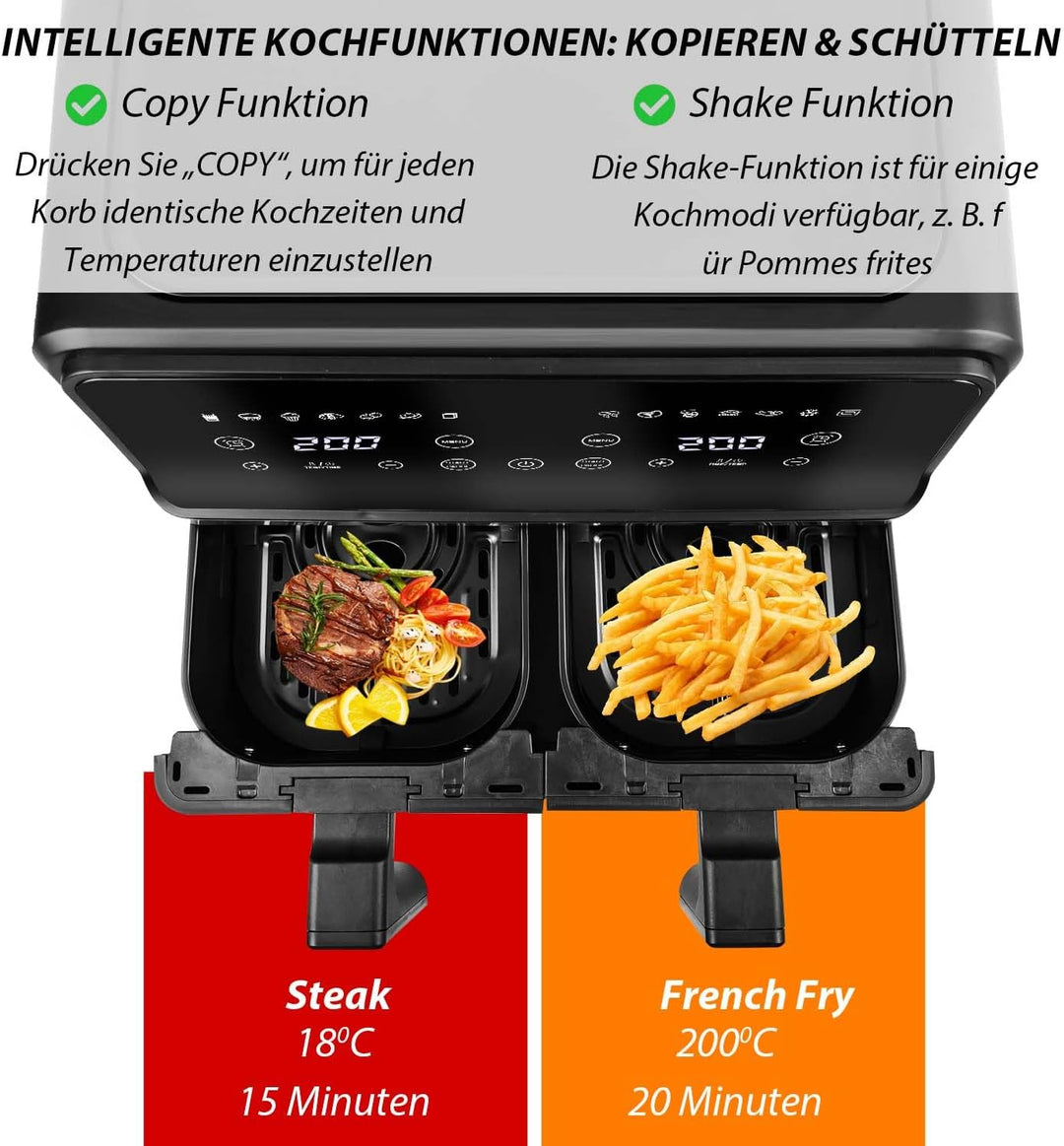 Heissluftfritteuse 2 kammern mit Sichtfenster, 8L Airfryer, 2 Fächer, 12-in-1, Touchscreen, Spülmasc