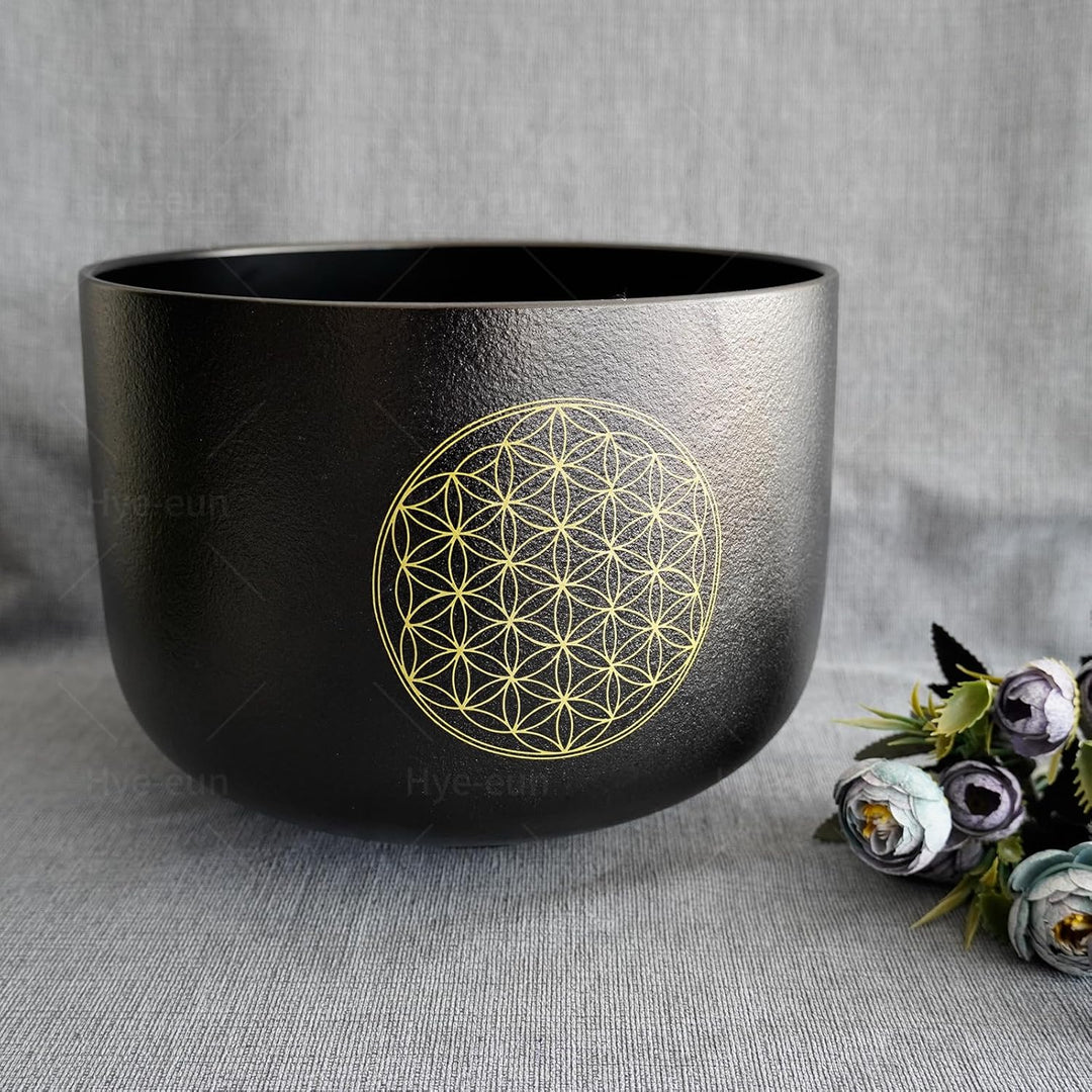 Hye-eun Kristall-Klangschale, 528 Hz C Note Schwarz Quarz Klangschalen mit Blume des Lebens (Life Fl