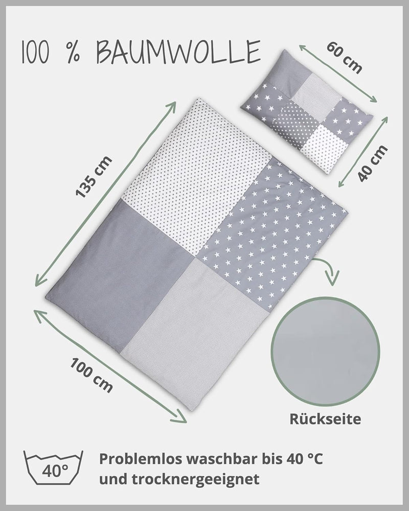 ULLENBOOM Kinderbettwäsche 100x135 cm - 100% OEKO-TEX Baumwolle - Graue Sterne - Kinder Bettwäsche S