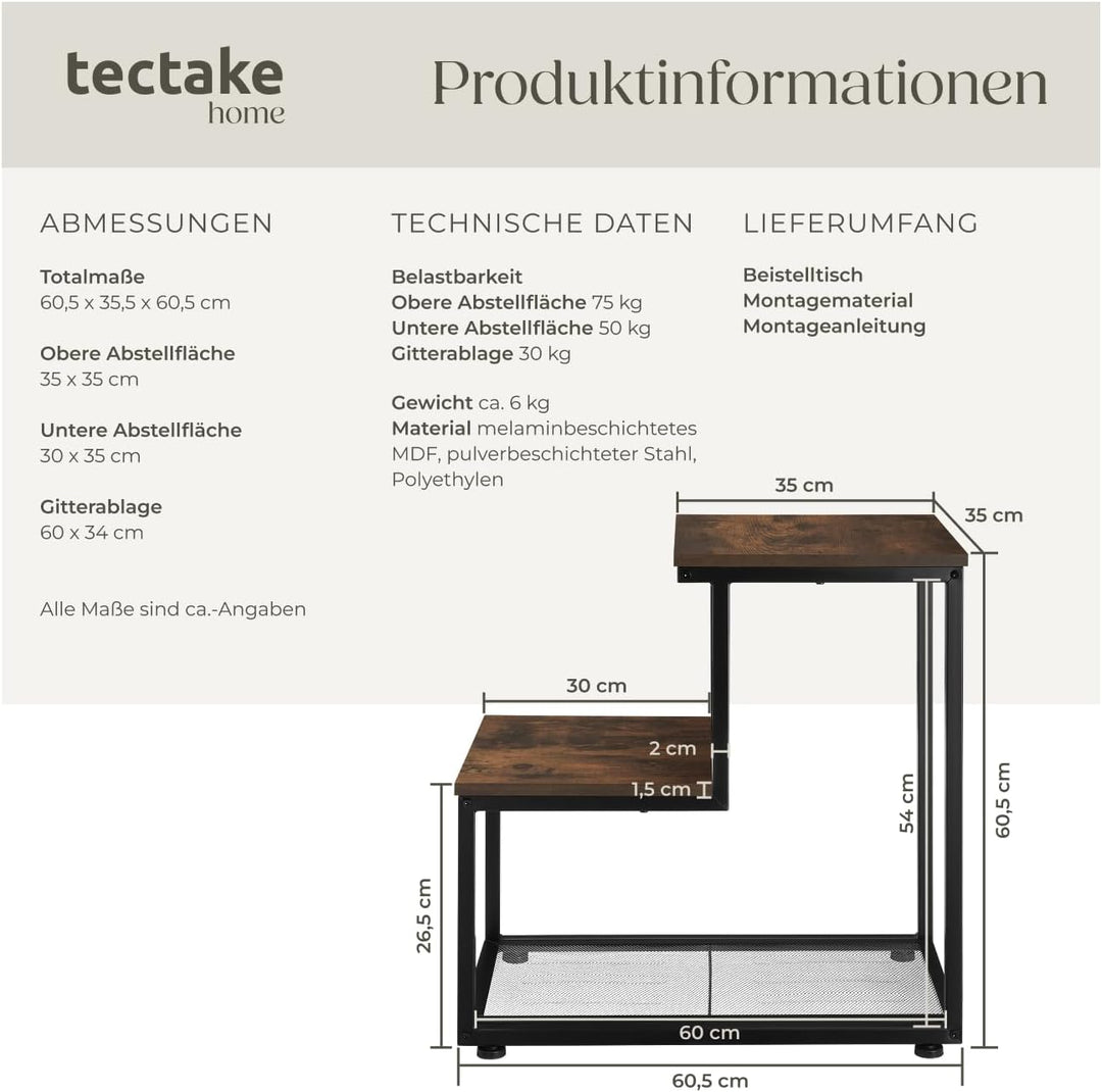 tectake Beistelltisch aus Holz und Metall, Industrial Design, Couchtisch mit 3 Ebenen, Gitterablage