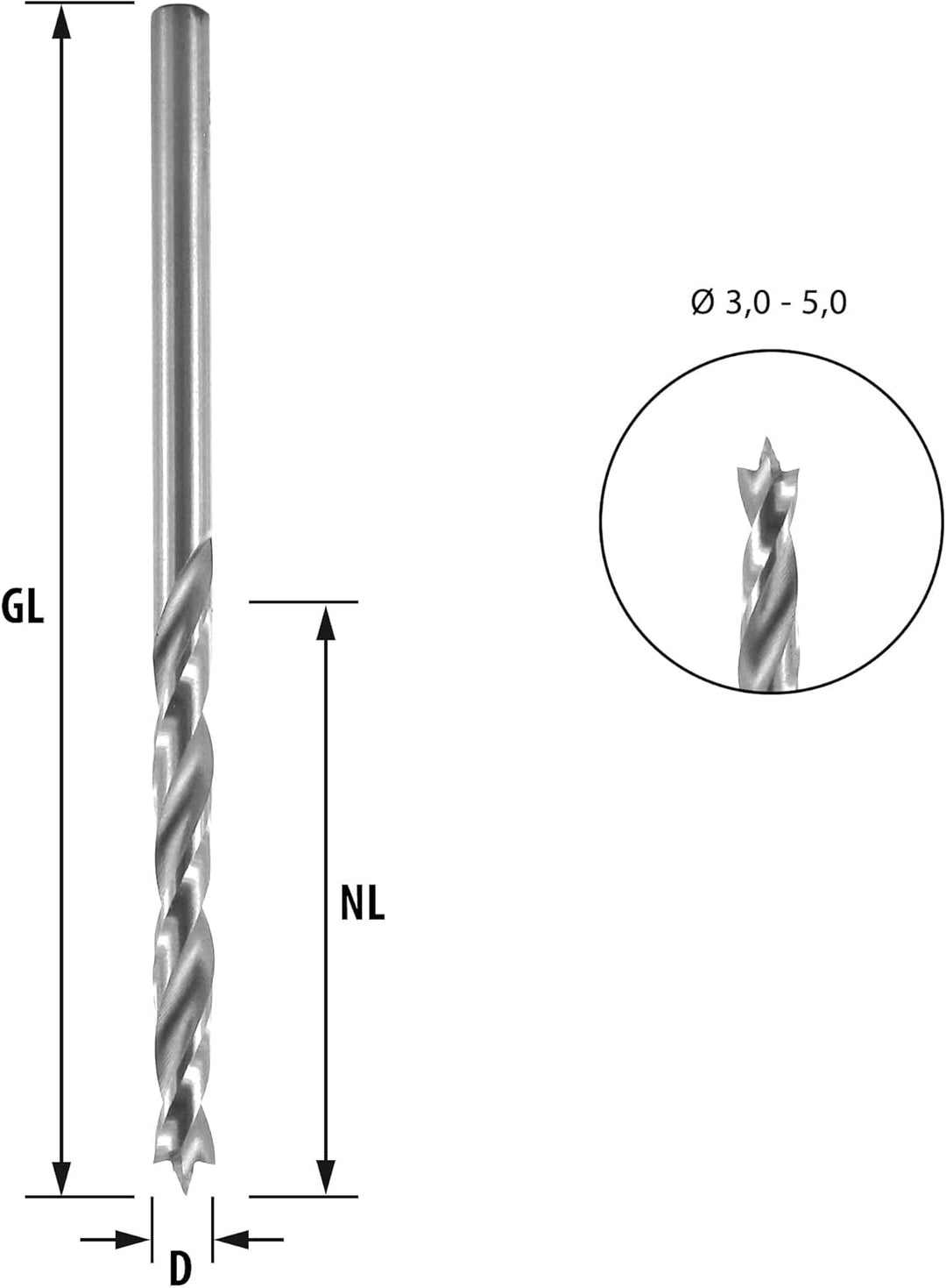ENT 50050 Holzbohrer Ø 5,0 mm im 5er Pack, HSS-G, mit Zentrierspitze und Vorschneider, Nutzlänge 48