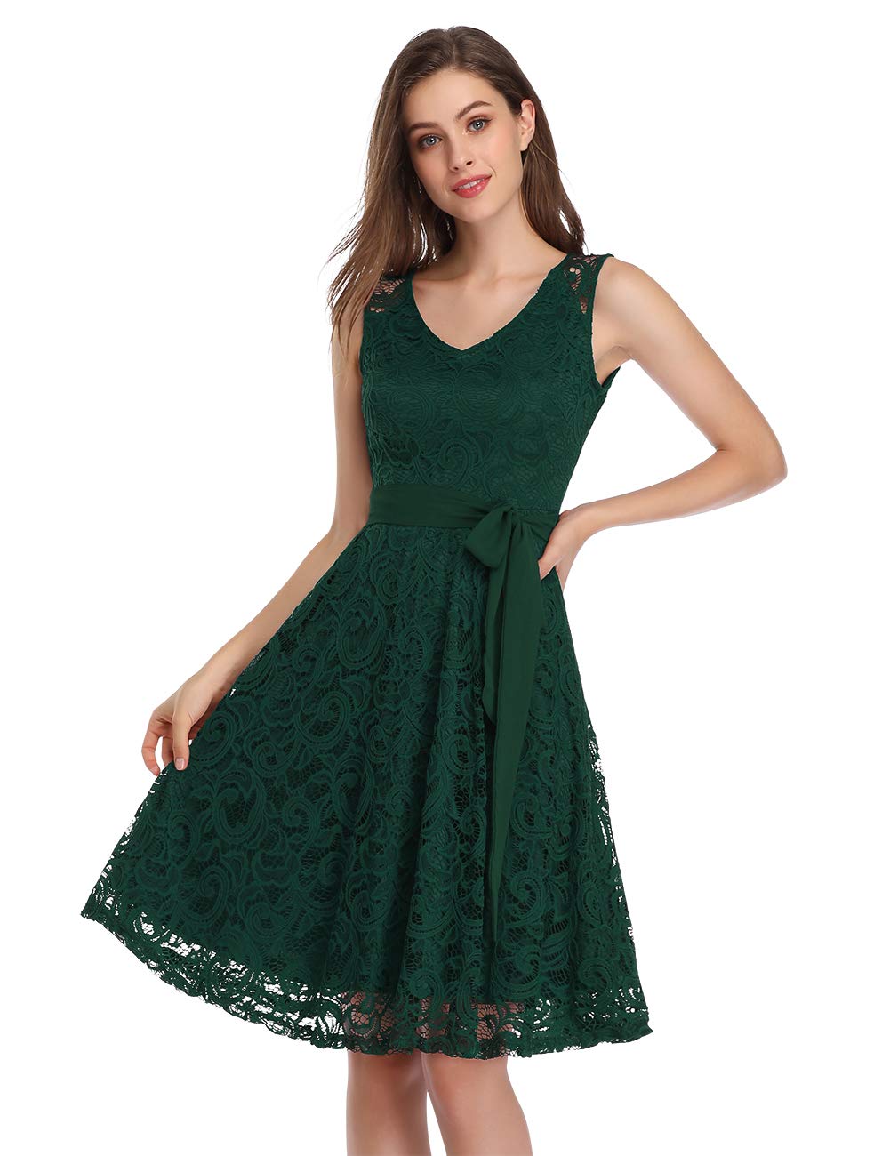 KOJOOIN Damen Vintage Brautjungfernkleider für Hochzeit Knielang Spitzenkleid Cocktailkleid Ballklei