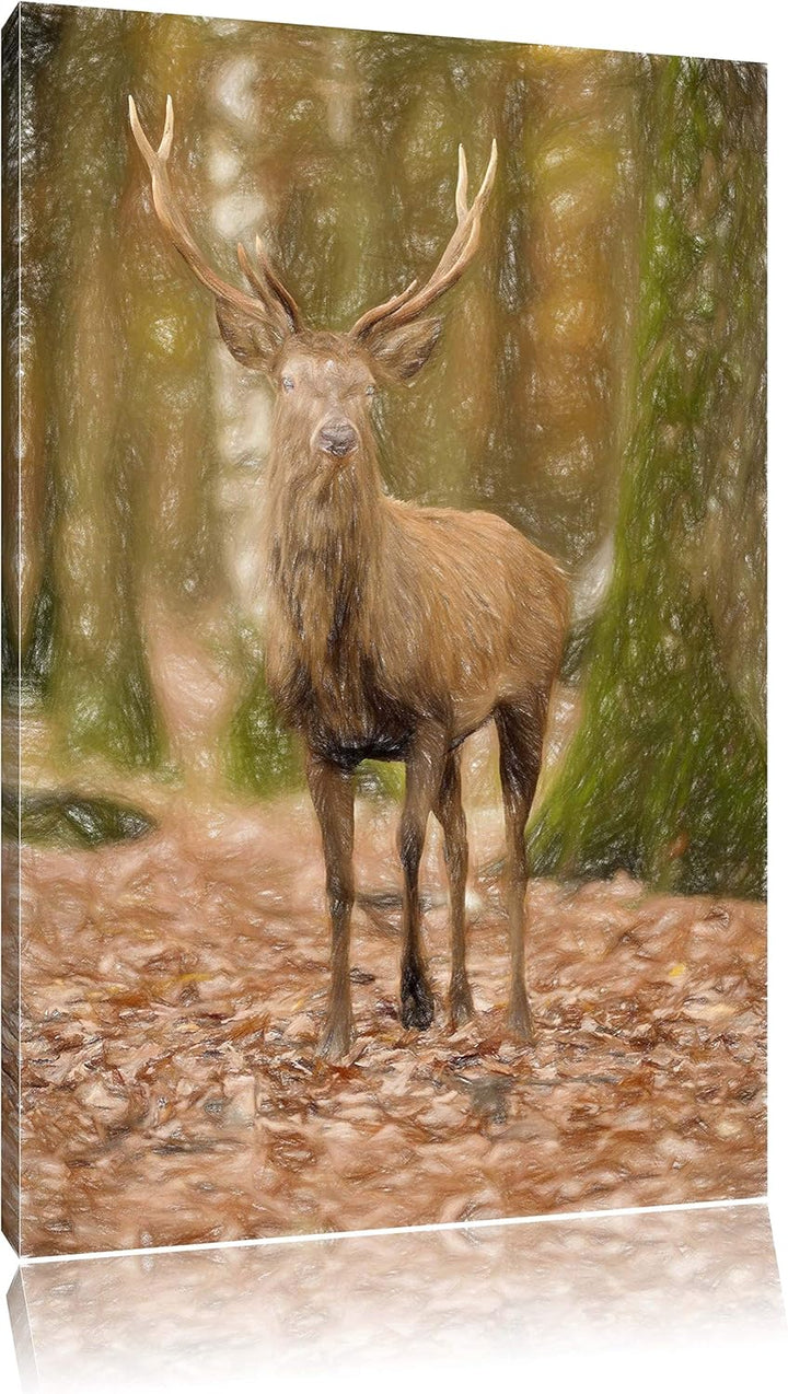 Pixxprint Schöner Hirsch im Wald als Leinwandbild/Grösse: 100x70 cm/Wandbild/Kunstdruck/fertig bespa
