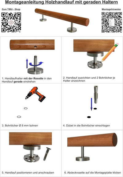 TIBU Eiche Holz Handlauf Geländer 0,3m - 6m, Länge 50 cm, Ende gefast und 2 gerade Halter 50 mit 2 H
