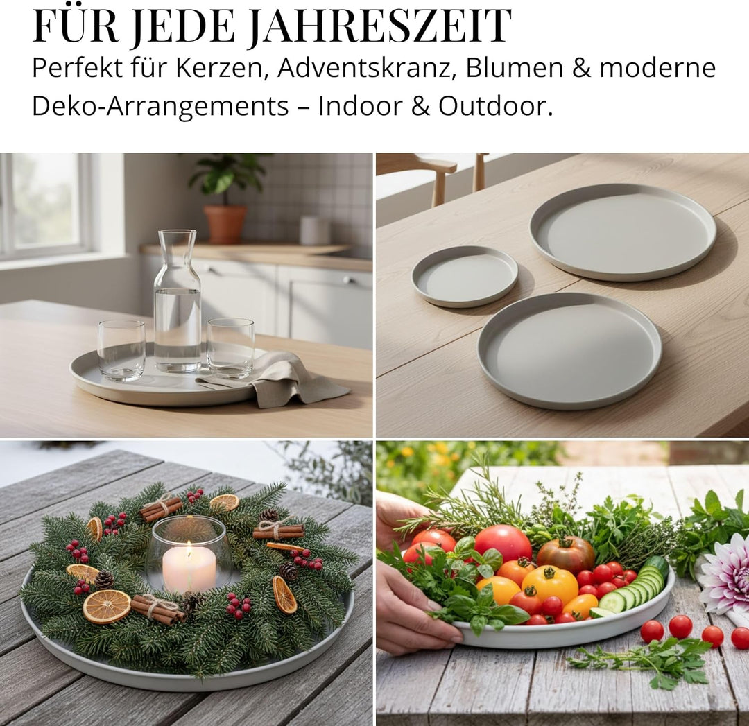 Deko Tablett 3er Set, Serviertablett rund (25 cm, 30 cm, 40 cm), Dekotablett für Adventskranz, Kerze