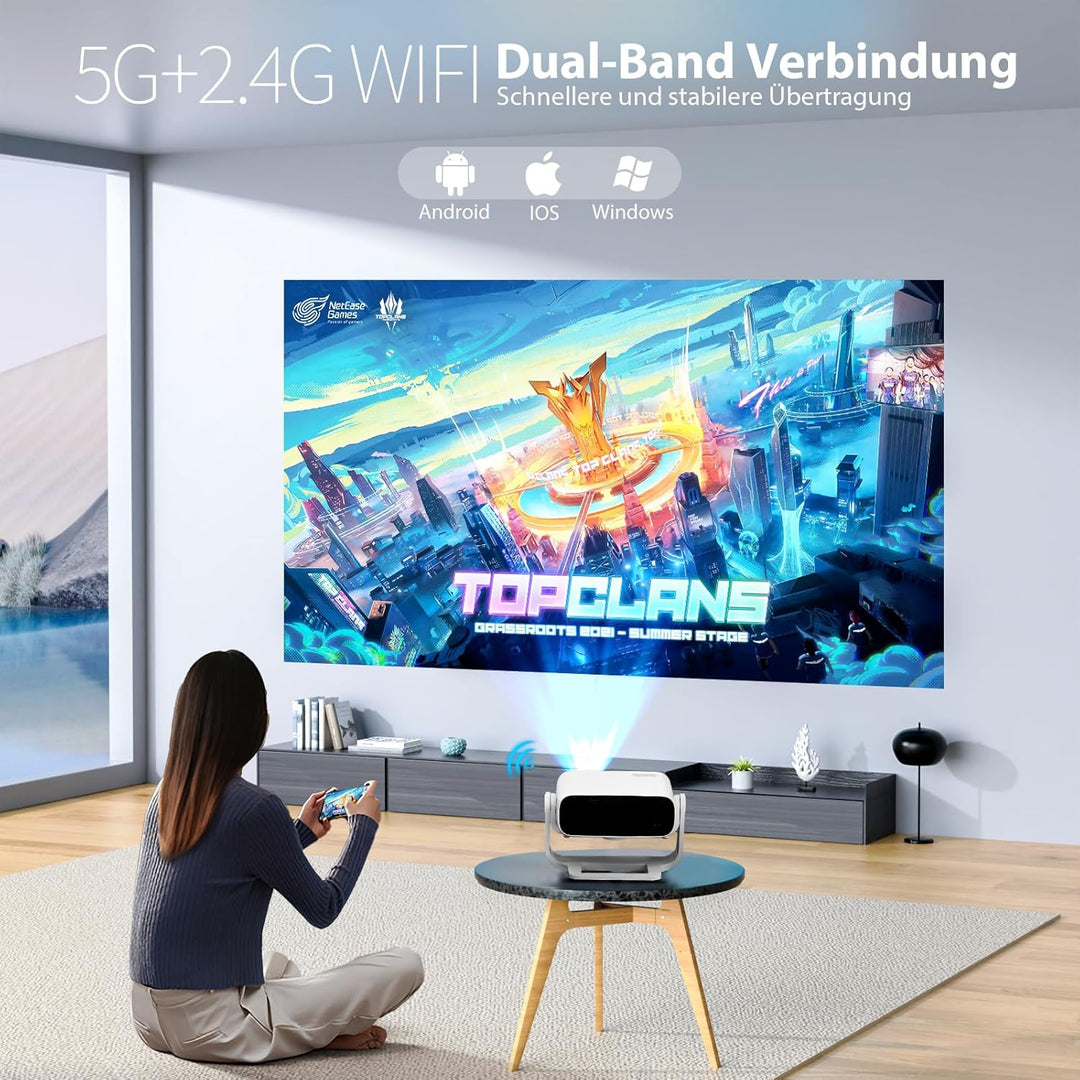 Smart Beamer 4K Unterstützung, Android 11, Full HD 1080P, WiFi 6 & BT 5.2, 120° Verstellbarer Stände