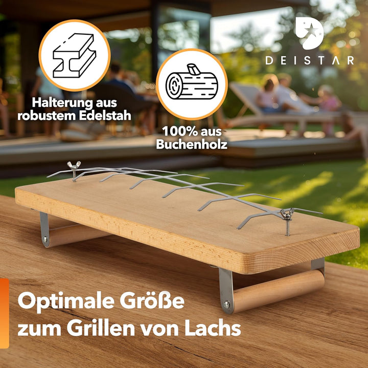 Flammlachsbrett Premium – Edelstahl-Halterung mit verstärkten Schrauben & Buchenholz – Perfekt für F