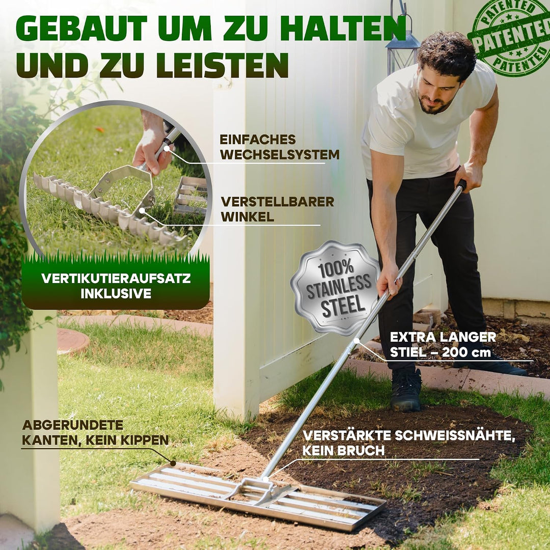 2in1 RasenRakel Edelstahl 80x30cm + vertikutierer Hand Rasen rake | Nivellierrechen mit stiel egalis