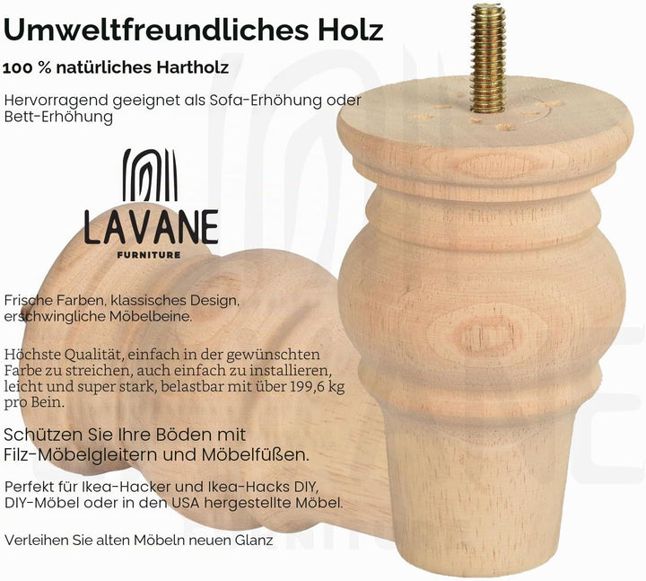 LA VANE 4 Stück Möbelfüsse aus Massivholz - 10cm Höhe, Unlackiert, Spindelform mit M8 Bolzen & Monta