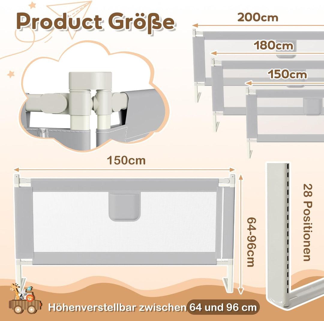 150cm Bettgitter Rausfallschutz, Kinderbettgitter Höhenverstellbar 64-96cm, Bettschutzgitter für Kle
