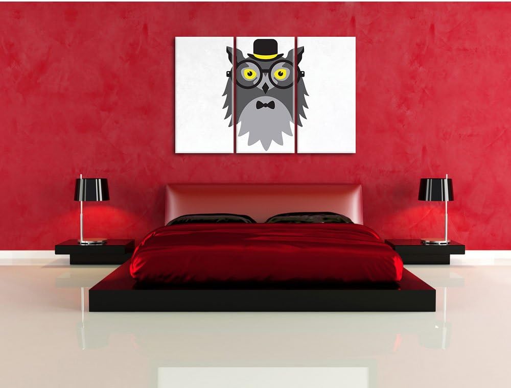 Pixxprint Hipster Eule / 3-Teilig/Gesamtmass 120cm Leinwandbild bespannt auf Holzrahmen/Wandbild Kun