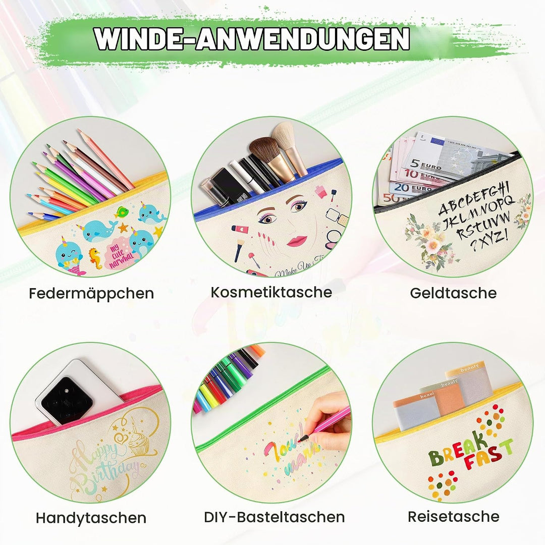 18 Stück DIY Stoff Federmäppchen, Leinwand Federmäppchen zum Bemalen, Mäppchen zum bemalen, 12 Bunts