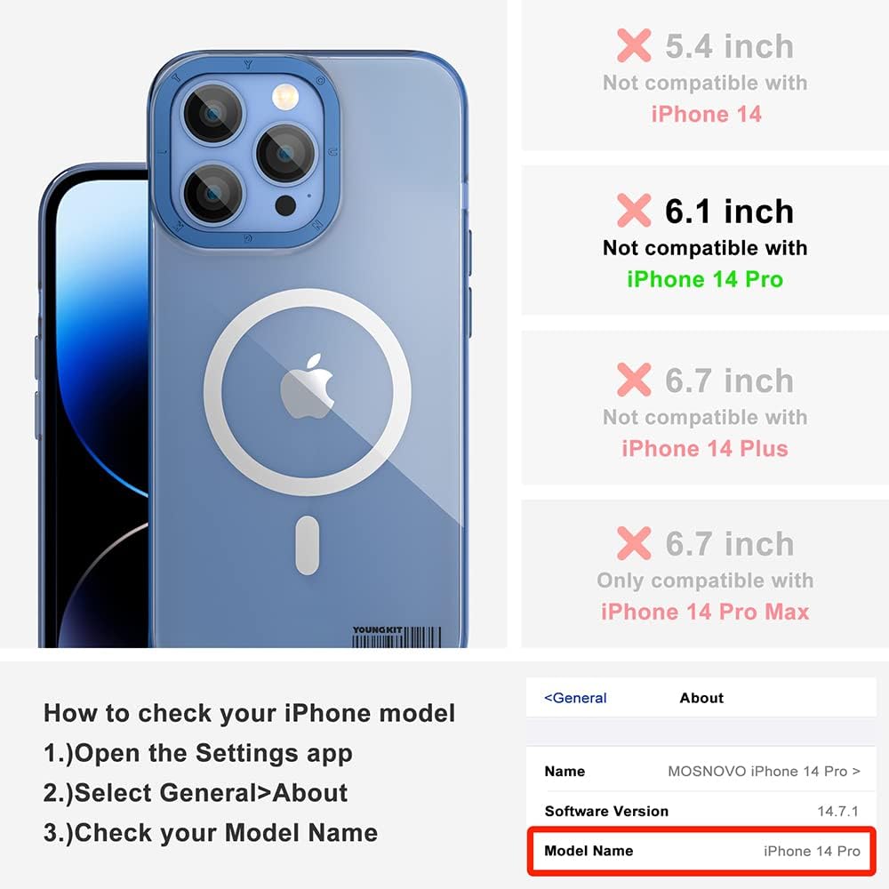 YOUNGKIT für iPhone 14 Pro Hülle, Stossfeste Kratzfeste Schutzhülle Slim Klar Case Chargement magnét