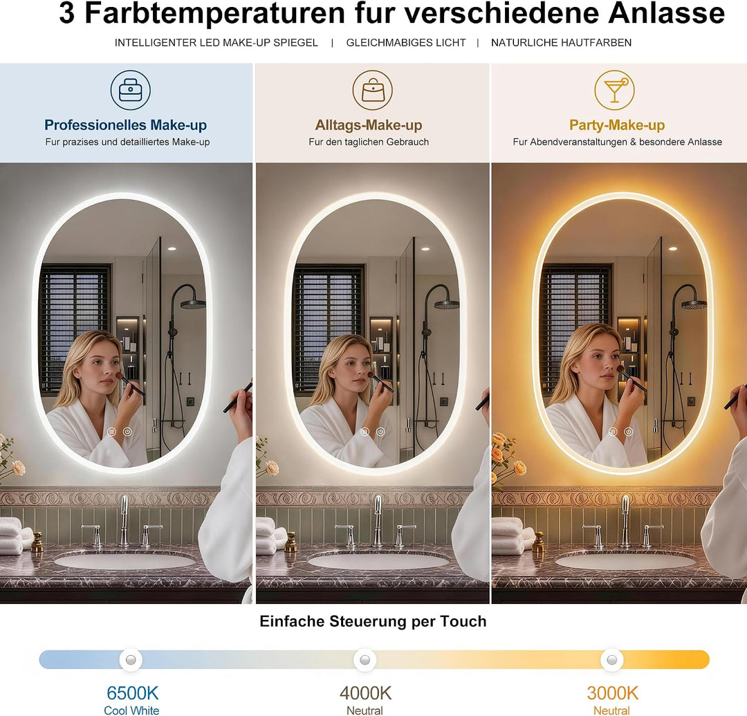 Spiegel mit Beleuchtung Oval LED Badspiegel 120x60 cm mit Touch-Schalter,3 Lichtfarbe Einstellbare,B