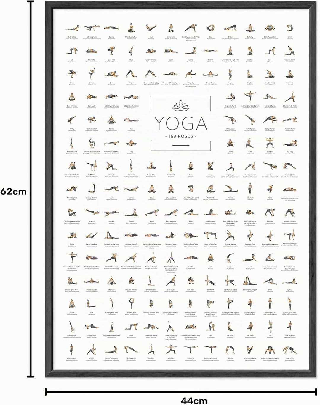 JUNOMI® Yoga Poster DIN A2 mit Rahmen Schwarz, Yoga Zubehör für Studios und Übungen Zuhause, perfekt