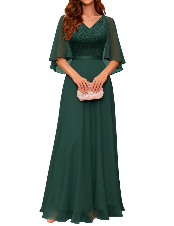 DRESSTELLS Abendkleid Damen Festlich Spitzenkleid für Hochzeit Chiffon Cape Ärmel Ballkleid Elegant