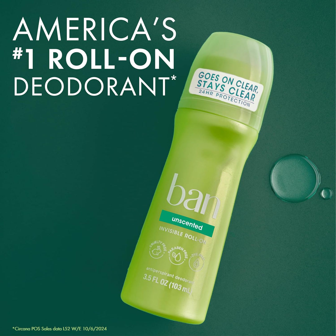 Ban Roll-On Antiperspirant Deodorant, Unscented, 3.5-Ounce Bottles (Pack of 4) by Ban