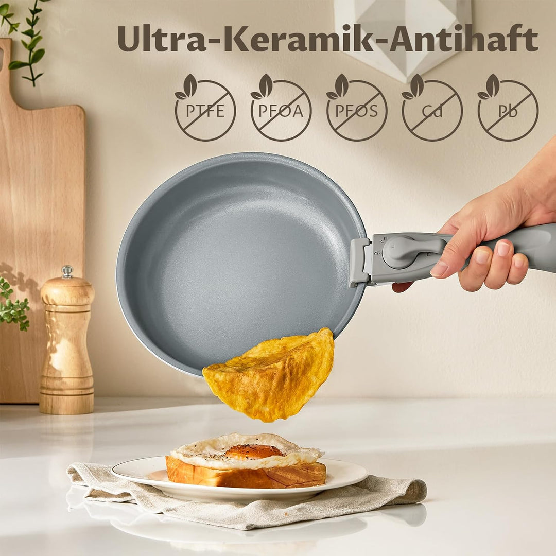 Keramik Topfset mit Abnehmbarer Griff, 14 Teilig Töpfe, Antihaft Pfannenset mit Deckel für Induktion