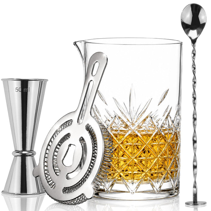Cocktail-Rührglas-Set | Cocktail-Geschenkset enthält 700-ml-Glaskrug, Hawthorne-Sieb aus Edelstahl,