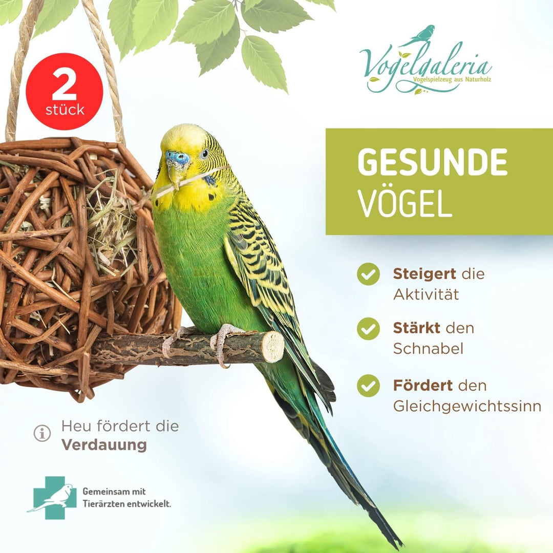 Vogelgaleria® 2er Set prall mit Heu gefüllte Weidenkugel 10cm zum knabbern und Klettern für Vögel |