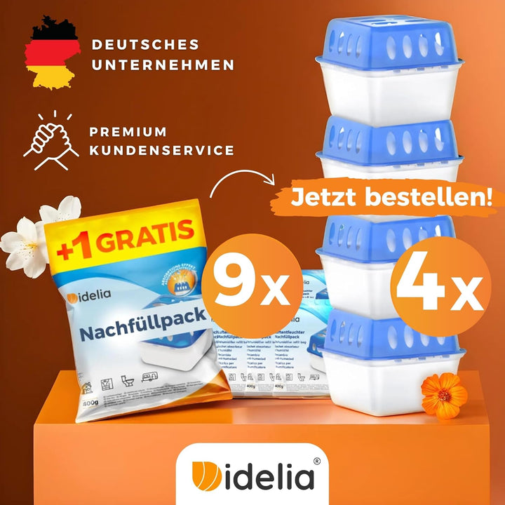 Idelia® 4x Luftentfeuchter + 9x 400g Nachfüllpacks - Raumentfeuchter für Bad, Keller uvm. bis 40m² +