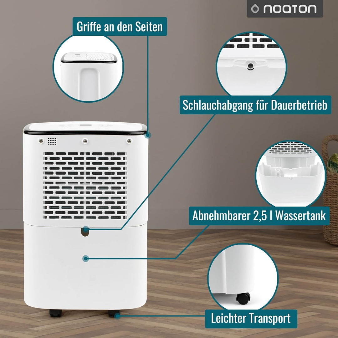 Luftentfeuchter Noaton DF 4112, max 13L/24h, Raumgrösse ca. 65 m³ (~25 m²), 190 W, 2.5l Wassertank,
