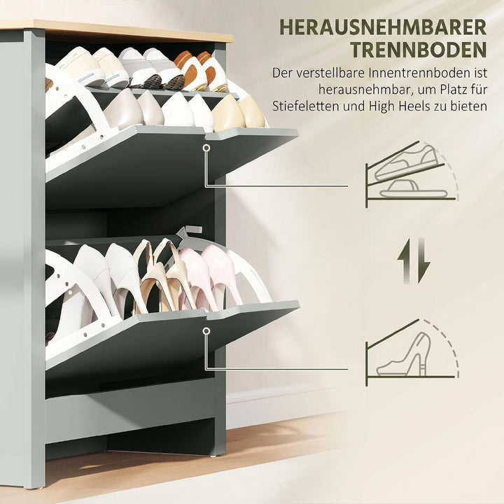 HOMCOM Schuhschrank mit 2 Klappen Schmal 72 x 26 x 80 cm Hellgrau Hellgrau 2 Klappen, Hellgrau 2 Kla