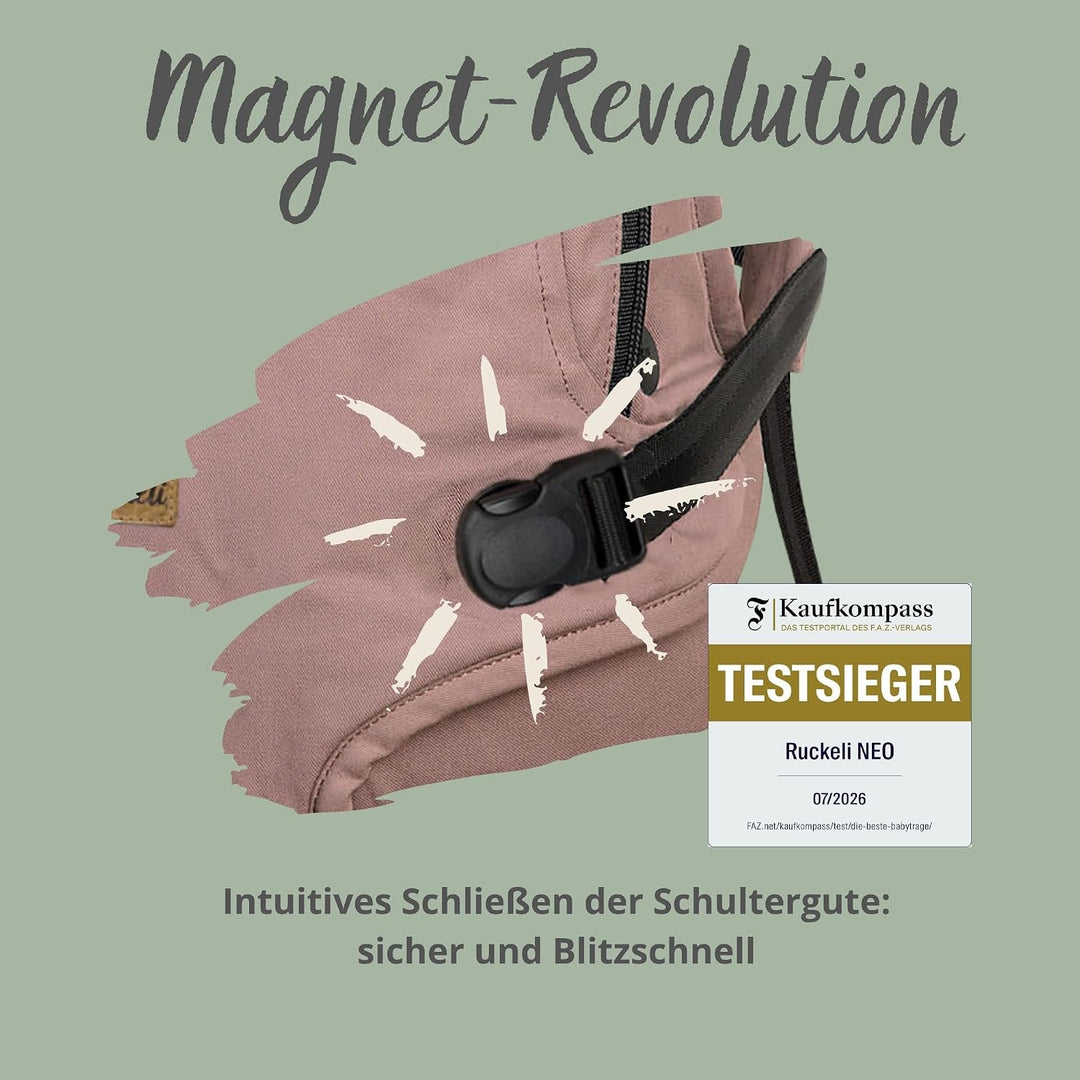 Ruckeli NEO Babytrage, Farbe: Blue Hour – Mit innovativen Magnet-Schnallen & integriertem Hüftsitz –