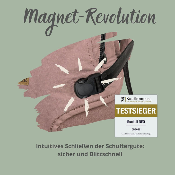 Ruckeli NEO Babytrage, Farbe: Blue Hour – Mit innovativen Magnet-Schnallen & integriertem Hüftsitz –