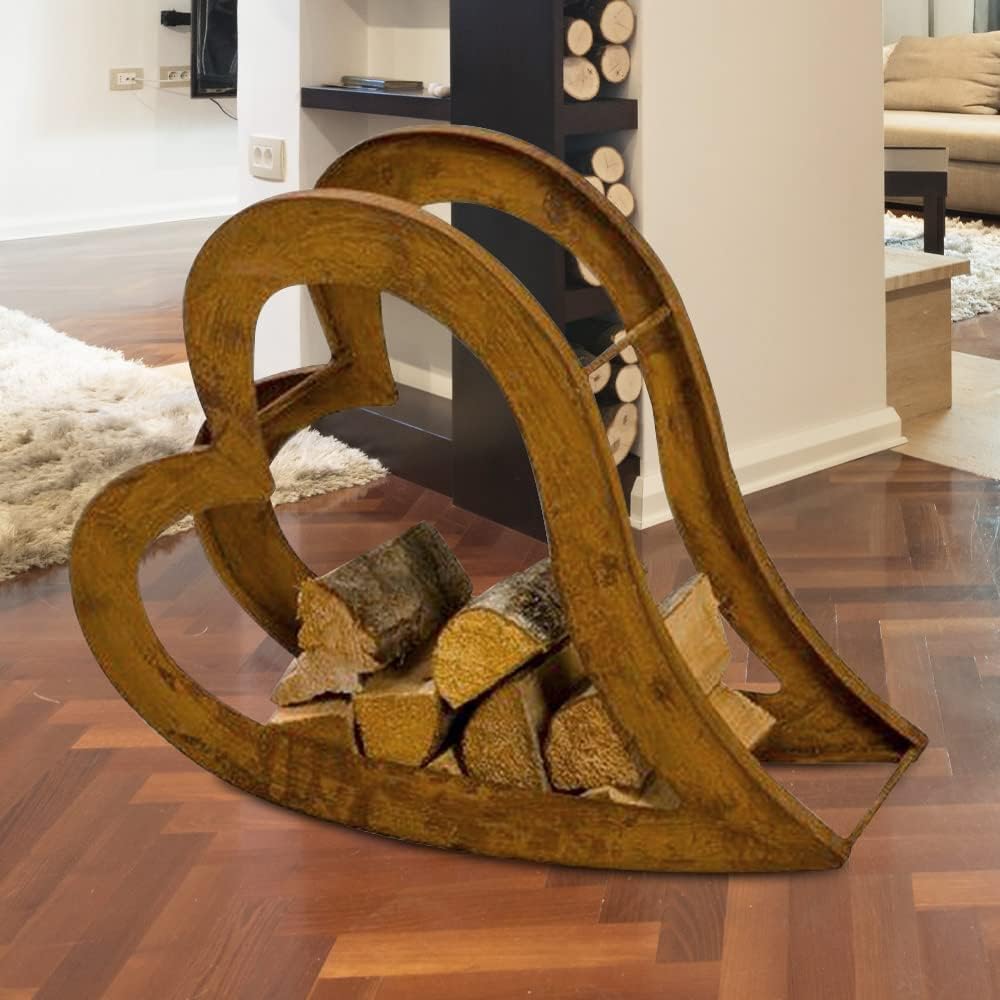 etc-shop Regal Kamin Feuer Brenn Holz Lager Aufbewahrung Ständer Herz Design Rost Optik Innen Aussen