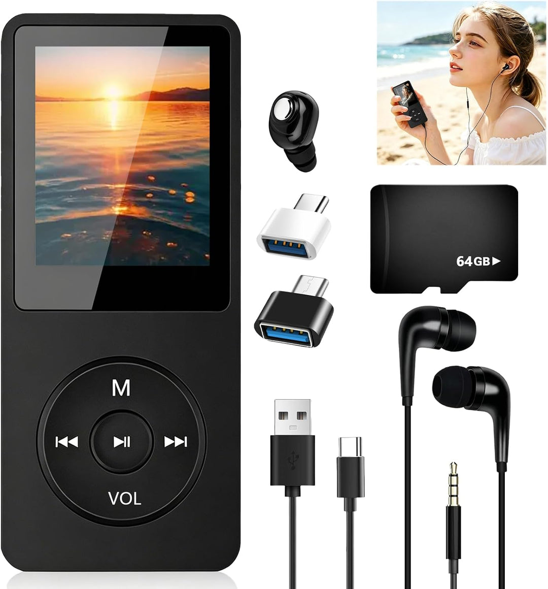MP3 Player Bluetooth 5.3 mit 64 GB Speicher, tragbarer Musik Player mit Lautsprecher, HiFi MP3 Playe