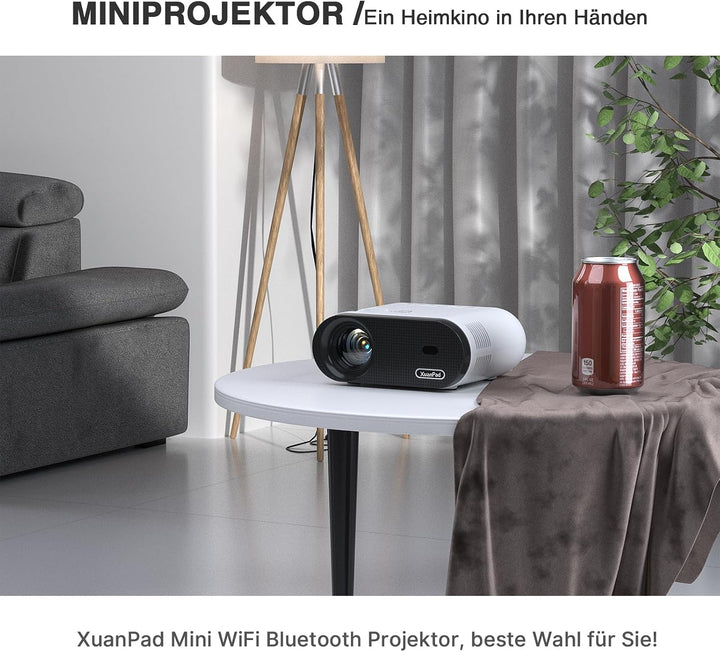 Mini Beamer WiFi Bluetooth, XuanPad 20000L Beamer Klein mit Stativ unterstützt Full HD 1080P, 50% Zo