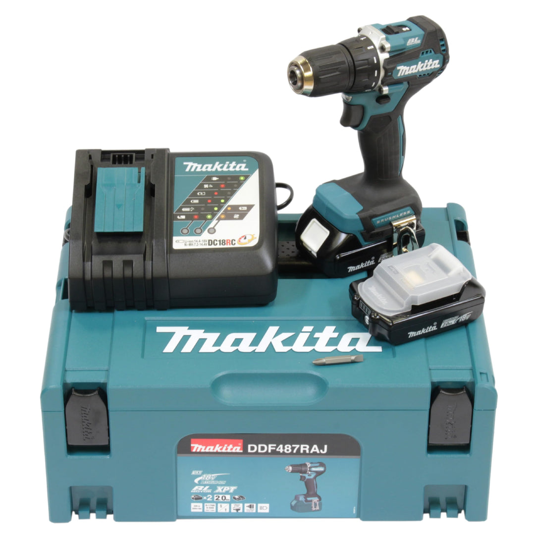 Makita DDF487RAJ Akku-Bohrschrauber 18V / 2,0 Ah, 2 Akkus + Ladegerät im MAKPAC, Petrol mit 2 Akkus