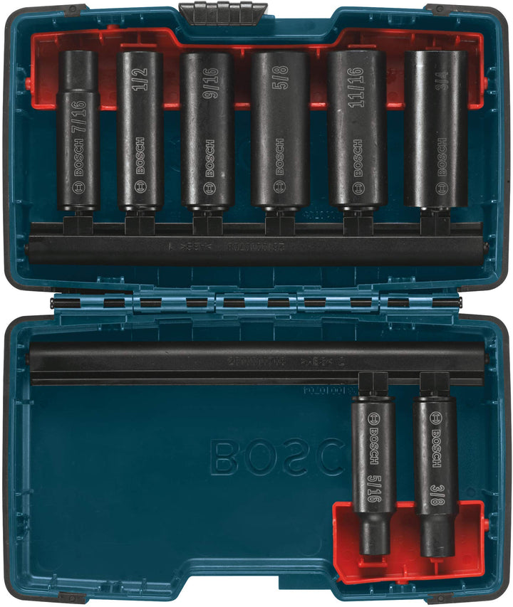 BOSCH 27285 3/8 Zoll Tiefbrunnen Steckschlüsselsatz, 8-teilig 9,5 mm (3/8 Zoll), tiefe Kuhle, Steckd