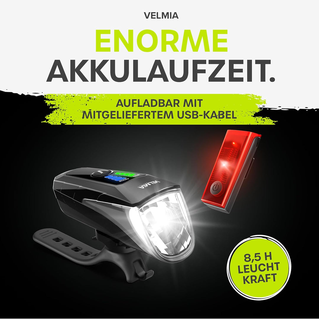 Velmia Fahrradlichter Set StVZO zugelassen mit USB Akku-Betrieb und 8,5h Leuchtdauer I LED Fahrradli