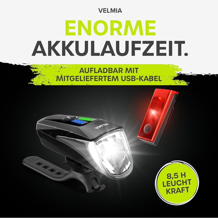 Velmia Fahrradlichter Set StVZO zugelassen mit USB Akku-Betrieb und 8,5h Leuchtdauer I LED Fahrradli