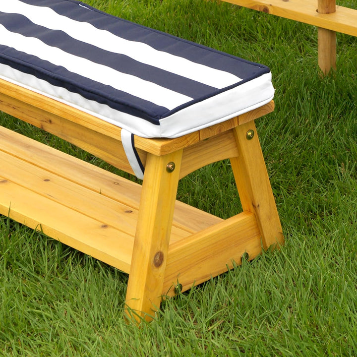 KidKraft Gartentisch mit Bank, Kissen und Sonnenschirm für Kinder, Outdoor Gartenmöbel aus Holz für