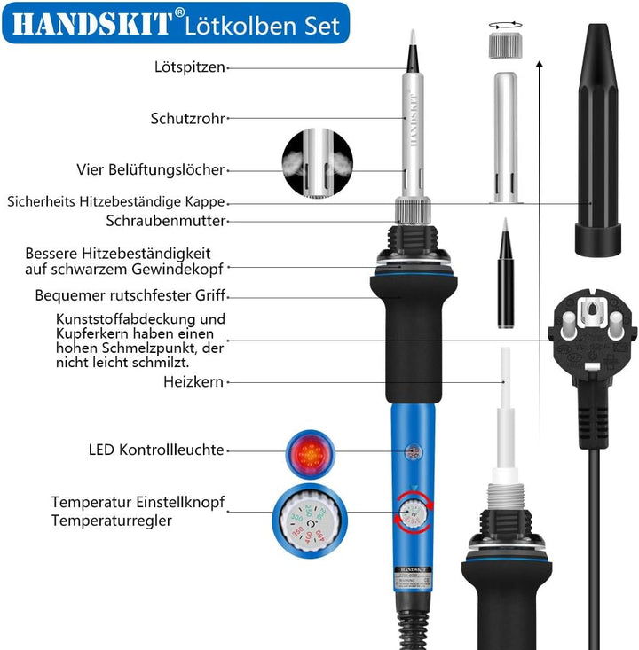 Lötkolben Set, HANDSKIT lötkolben 12in1 Lötset【Neuste Version】60W Digitale Lötstation Temperatur 220