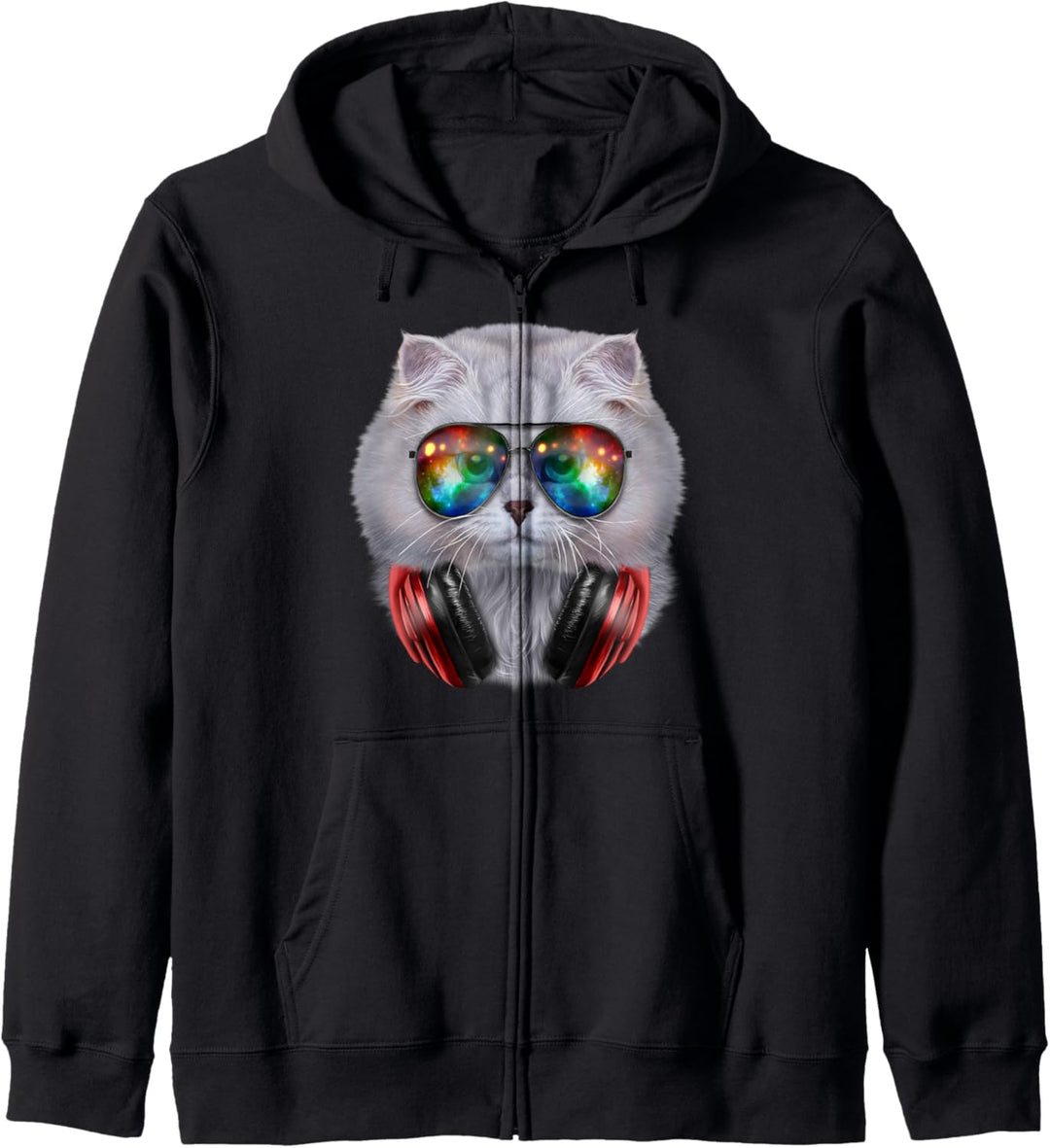 Weisse Katze, die Raumsonnenbrille und Kopfhörer trägt Kapuzenjacke