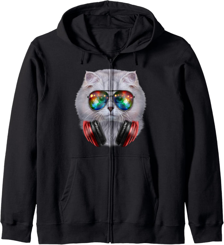 Weisse Katze, die Raumsonnenbrille und Kopfhörer trägt Kapuzenjacke