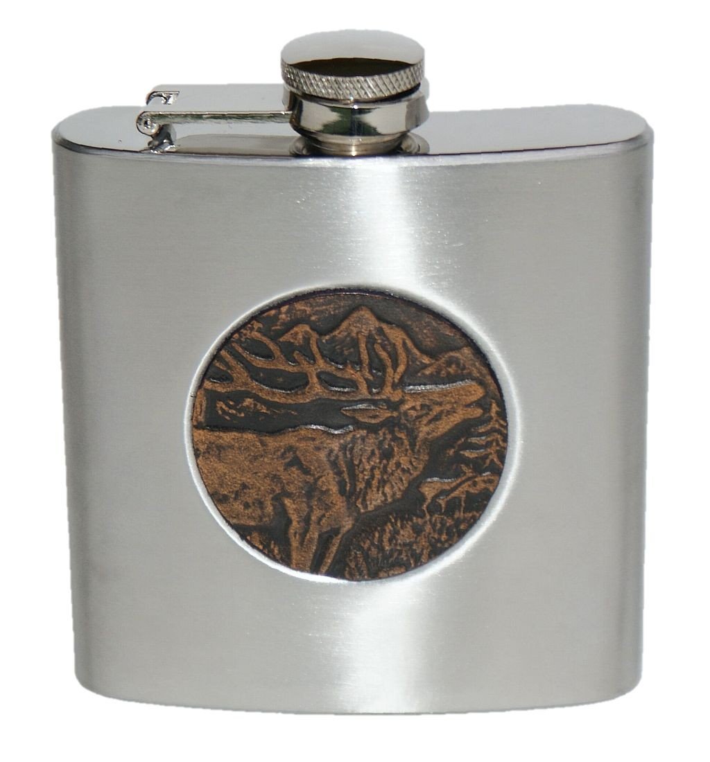 Flachmann Leder m.Hirsch Jäger Jagd Taschenflasche Trachtenflachmann Trinkflasche Edelstahl mit brau