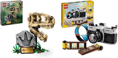 LEGO Jurassic World Dinosaurier-Fossilien: T.-rex-Kopf & Creator 3in1 Retro Kamera Spielzeug mit 3 M