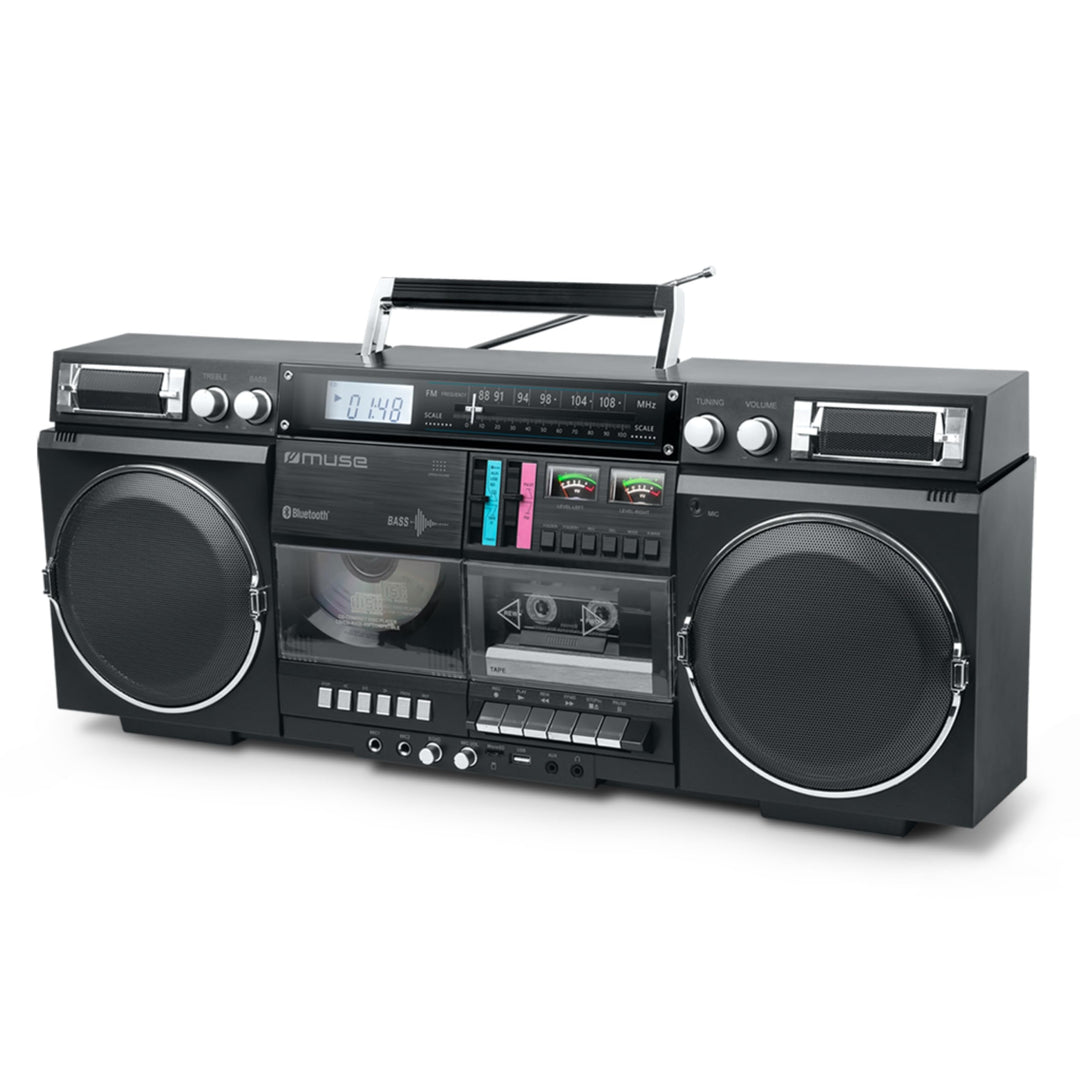 MUSE Bluetooth Retro Boombox mit Radio, CD, Kassettenrekorder, 80W Ausgangsleistung, USB, Aux, Micro